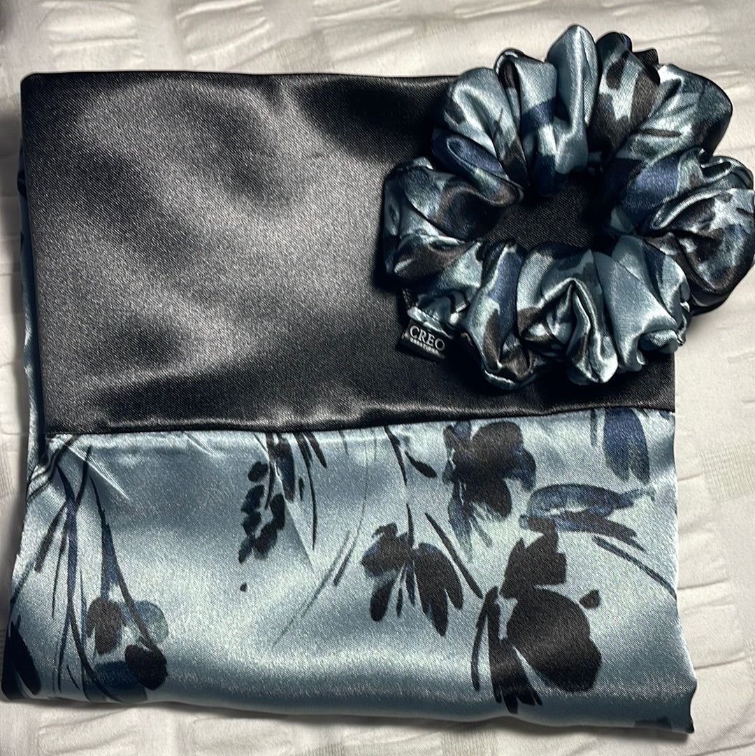 Blueish-Grey Flower print Satin Pillowcase with black trim