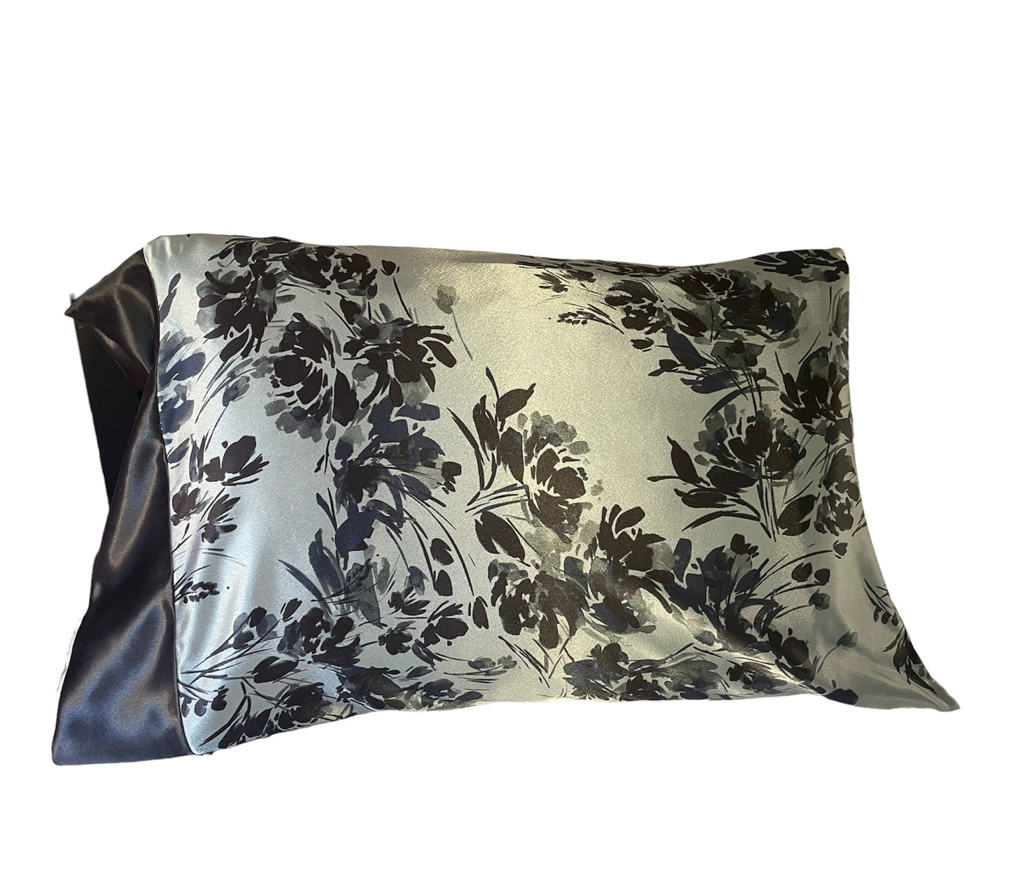 Blueish-Grey Flower print Satin Pillowcase with black trim